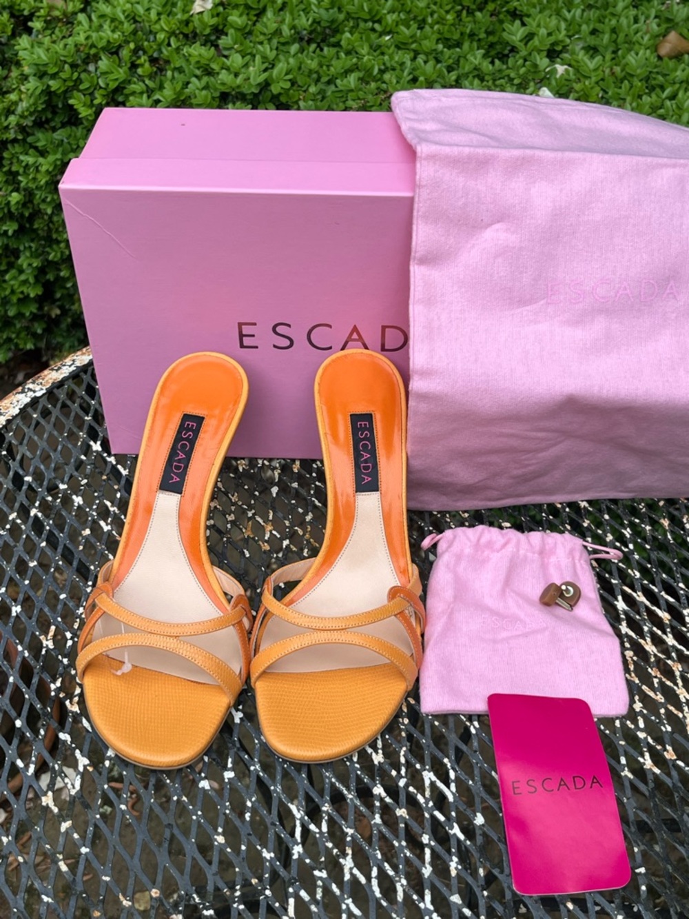 Escada Orange & Tan Strappy Slide Heels